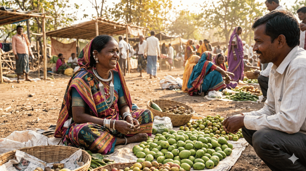 साप्ताहिक हाट बाजारों में आदिवासी महिलाओं और पुरुषों द्वारा आम बेचना